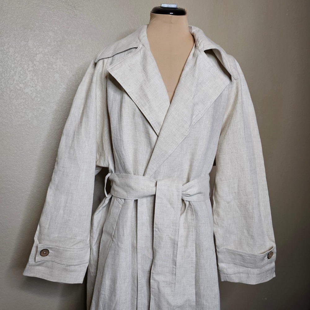 NWT Mango 100% Linen Trench Coat Oatmeal Beige Longline Belted Duster XS S M - Picture 3 of 13